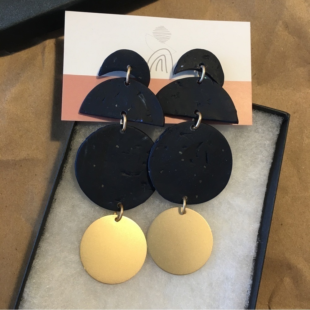 Handmade Navy Gold Clay Dangle Earrings